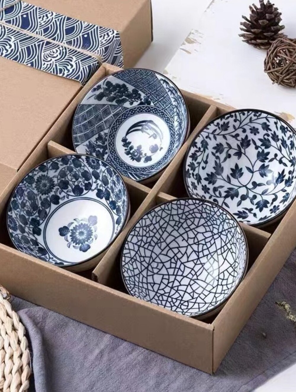 Blue and White Ceramic Rice Bowls - Set of 4